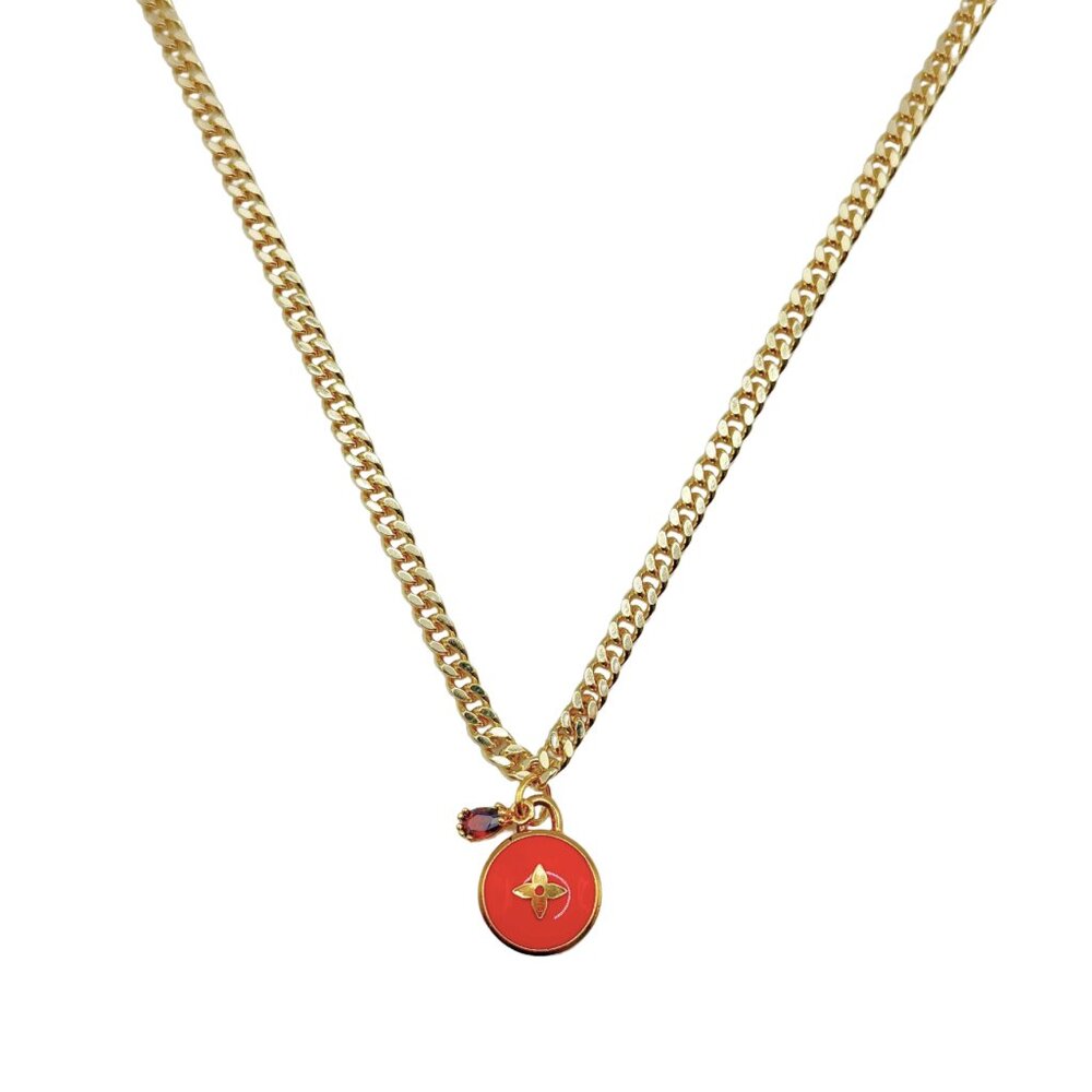 Repurposed LV ColoredPendant Necklace - RED